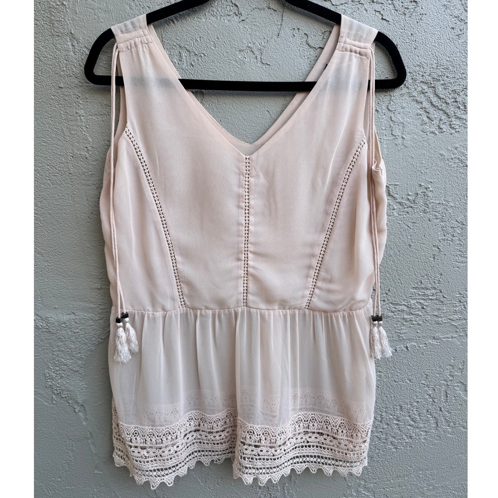 AJIO Soft Cream Lace Peplum Chiffon Blouse Sleeveless Cottage Lightweight